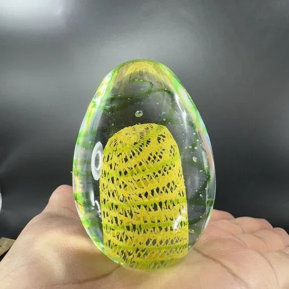 Art Glass Paperweight With Yellow Green Swirls All Over Egg Shaped Paperweight - Picture 13 of 16